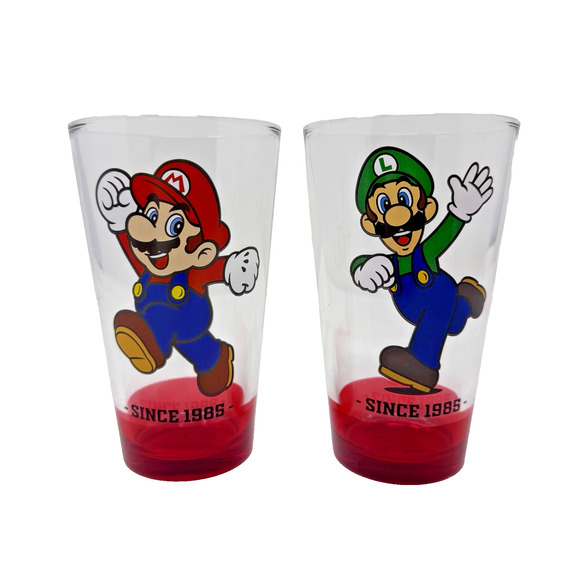 Set of 2 Super Mario Mario & Luigi Since 1989 Pint Drinking Glasses EUC - Picture 1 of 14